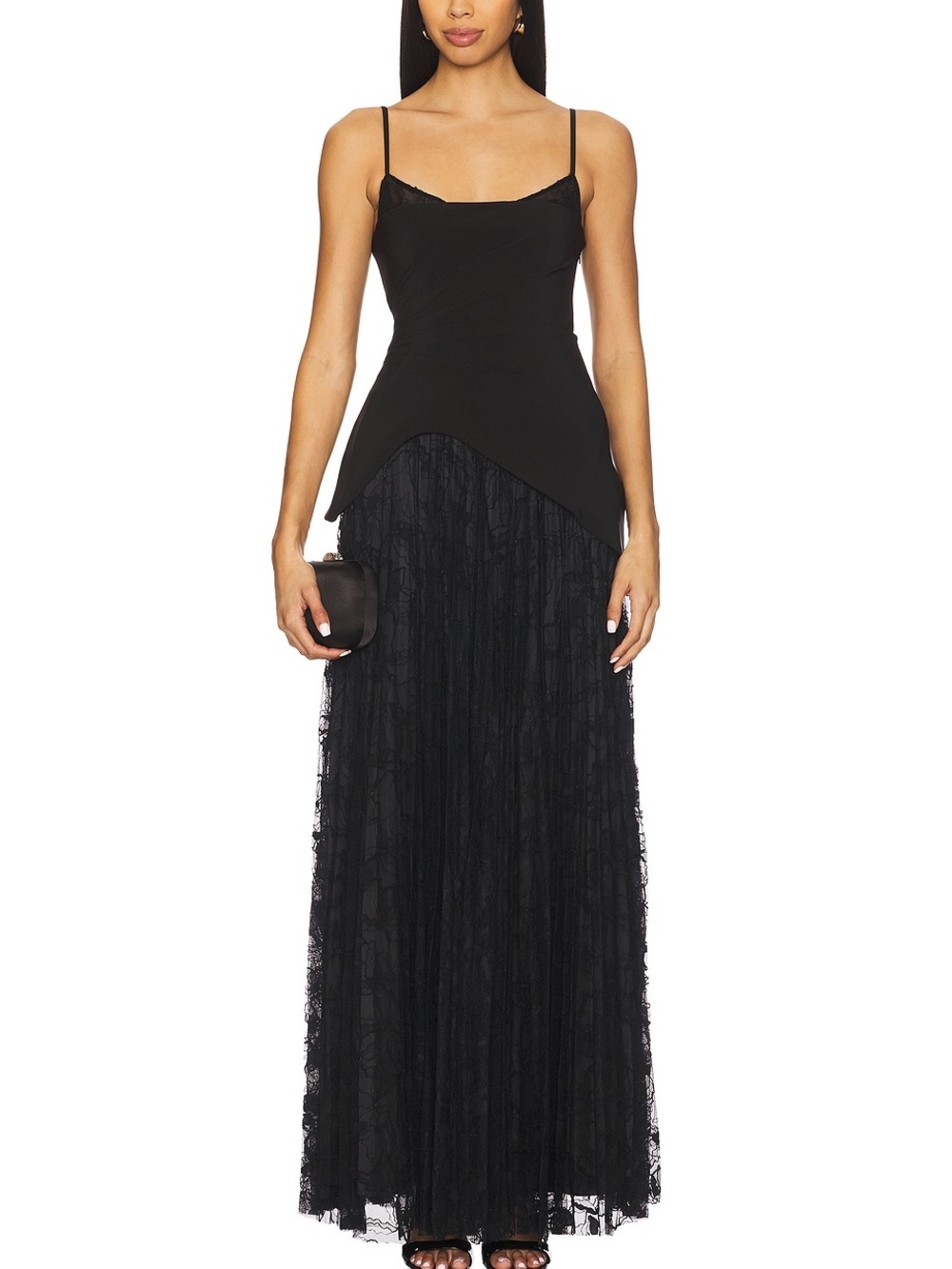 AMUR Leighton Pleated Lace Gown Black Size 6 NWT Formal Evening Maxi Dress